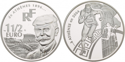 Франция 1 1/2 евро 2003 Пьер де Кубертен, Олимпийские игры 2004 года в Афинах, бег KM 1361 серебро PROOF 02-109-24