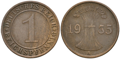 Германия 1 рейхспфенниг 1935 A KM 37, J. 313 бронза 4189-1267