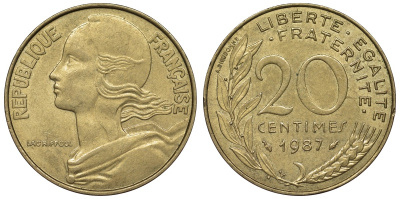 Франция 20 сантимов 1987 тип Marianne KM 930, Le Franc 156.27 медь алюминий никель 4128-233