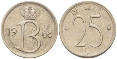 Бельгия 25 сантимов 1968 Belgique, Бодуэн I (1951-1993) KM 153.1 медно-никель 214-431