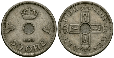 Норвегия 50 эре 1941 Хокон VII (1905-1957) KM 386 медно-никель 4584-141