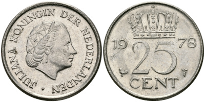 НИДЕРЛАНДЫ 25 ЦЕНТОВ 1978 ЮЛИАНА KM 183 никель 96-248