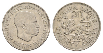 Сьерра-Леоне 20 центов 1964 Милтон Маргаи KM 20 медно-никель UNC 4610-1015