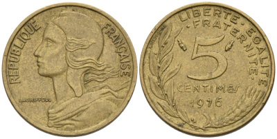 ФРАНЦИЯ 5 САНТИМОВ 1976 ТИП MARIANNE KM 933, LE FRANC 125.12 медь алюминий никель 4567-756