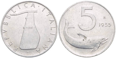 ИТАЛИЯ 5 ЛИР 1955 R, ДЕЛЬФИН, РУЛЬ KM 92 алюминий 4551-115