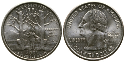 США 25 центов = квотер 2001 Р, серия штаты США, Вермонт KM 321 медь плакированная медно-никелем 56-457