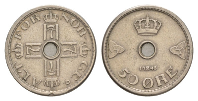 Норвегия 50 эре 1945 Хокон VII (1905-1957) KM 386 медно-никель 4635-412