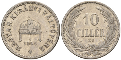 Венгрия 10 филлеров 1894 KB, Франц Иосиф I (1848-1916) KM 482 никель 4151-1056