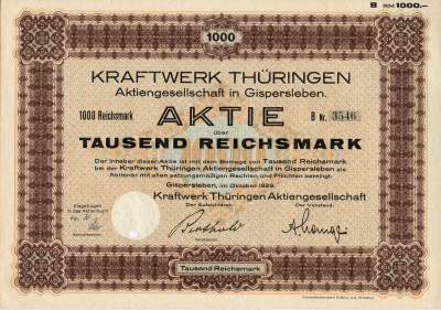 Германия 1000 рейхсмарок 1929 АО Электростанция Тюрингии, акция бумага 8801-104-1