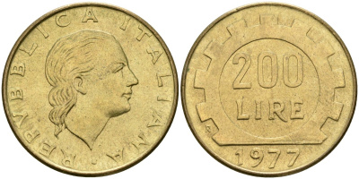 Италия 200 лир 1977 R, шестерня KM 105 алюминиевая бронза 4171-937