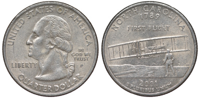 США 25 центов = квотер 2001 Р, серия штаты США, Северная Каролина KM 319 медь плакированная медно-никелем 4539-425