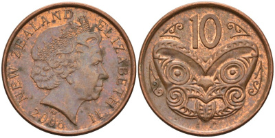 Новая Зеландия 10 центов 2006 Елизавета II (1952-2022), маска маори KM 117а сталь плакированная медью 113-527