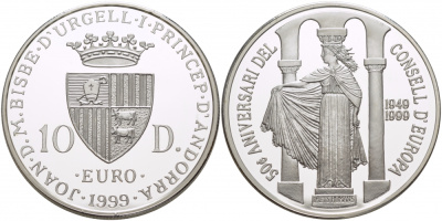 Андорра 10 динеров 1999 50 лет совету Европы, статуя прав человека KM 154 серебро PROOF 1068-5-41