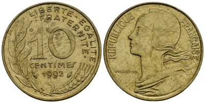 Франция 10 сантимов 1992 тип Marianne KM 929 алюминиевая бронза 4136-432