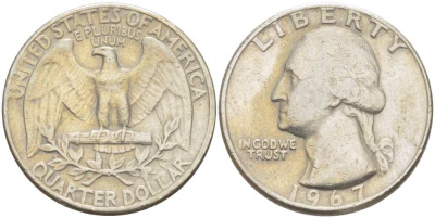США 25 центов (квотер) 1967 Вашингтон KM 164a медь плакированная медно-никелем 4402-335