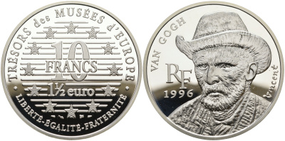 Франция 10 франков = 1 1/2 евро 1996 серия сокровища музеев Европы, Винсент Ван Гог KM 1147 серебро  PROOF 05-095-31