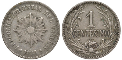 Уругвай 1 сентесимо 1924 KM 19 медно-никель 4169-637