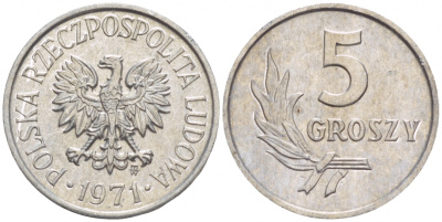 ПОЛЬША 5 ГРОШЕЙ 1971 MW KM А46 алюминий UNC 4549-115
