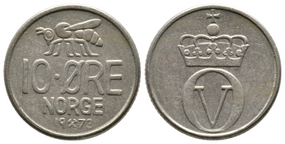 Норвегия 10 эре 1973 пчела, Улаф V (1958-1991) KM 411 медно-никель 220-465