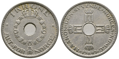 НОРВЕГИЯ 1 КРОНА 1949 ХОКОН VII (1905-1957) KM 385 медно-никель 91-236