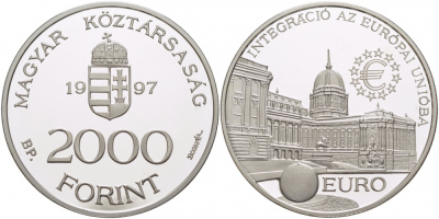 Венгрия 2000 форинтов 1997 интеграция в европейский союз, королевский дворец в Будапеште KM 724 серебро PROOF 1068-4-11