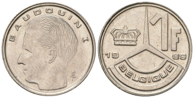 Бельгия 1 франк 1989 Belgique, Бодуэн I (1951-1993) KM 170 железо плакированное никелем 4547-638