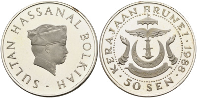 Бруней 50 сен 1988 тираж 2000 KM 19а серебро PROOF 00-000-00