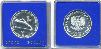 Польша 200 злотых 1980 MW, XIII Олимпийские игры в Лейк-Плэсиде, прыжки с трамплина, с факелом, тираж 32040 экз., в оригинальной упаковке KM 110.1 серебро PROOF 1069-1-11