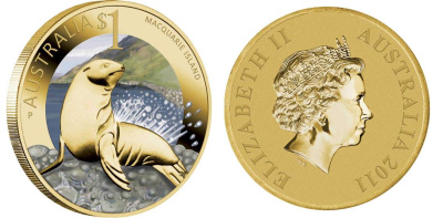 Австралия 1 доллар 2011 серия всемирное наследие, остров Маккуори, морской лев, цветная эмаль KM 1613 алюминиевая бронза UNC M40-20
