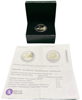 Финляндия 2 евро 2012 10 лет монетарной политике и наличному евро, в оригинальной коробке, с сертификатом, тираж 25000 экз. KM  биметалл  PROOF  7-6-1-41