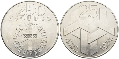 Португалия 250 эскудо 1976 Революция гвоздик 25 апреля 1974 года KM 604 серебро UNC 4558-222