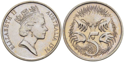 АВСТРАЛИЯ 5 ЦЕНТОВ 1991 ЕЛИЗАВЕТА II, ВТОРОЙ ПОРТРЕТ В КОРОНЕ, ЕХИДНА KM 80 медно-никель UNC 105-258