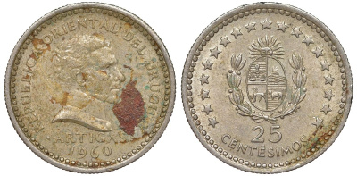 Уругвай 25 сентесимо 1960 KM 40 медно-никель 4580-127