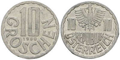 Австрия 10 грошей 1980 KM 2878 алюминий 4138-425