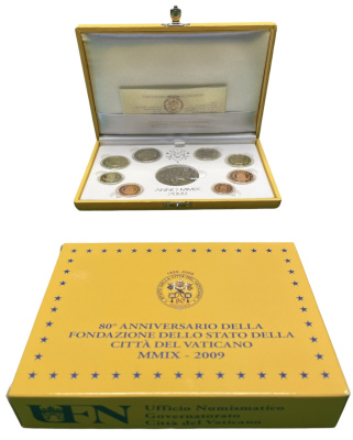 Ватикан евронабор из 8 монет + серебряная медаль 2009 Бенедикт XVI, в оригинальной коробке, с сертификатом KM PS 22 биметалл PROOF 5-4-6-07