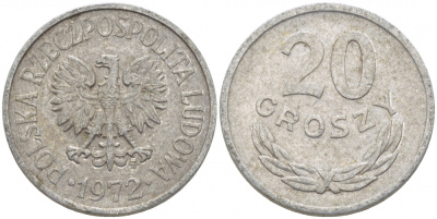 ПОЛЬША 20 ГРОШЕЙ 1972 MW KM А47 алюминий 4448-732