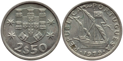 ПОРТУГАЛИЯ 2,5 ЭСКУДО 1979 ПАРУСНИК KM 590 медно-никель 4396-152