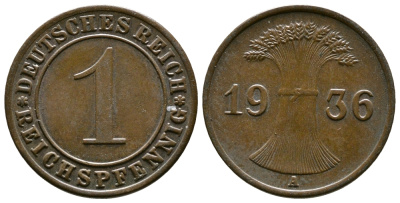 Германия 1 рейхспфенниг 1936 A KM 37, J. 313 бронза 220-153