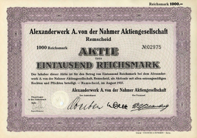 Германия 1000 рейхсмарок 1937 Александрверк А. фон дер Нахмер АГ Ремшайд, акция   бумага   8801-10-1