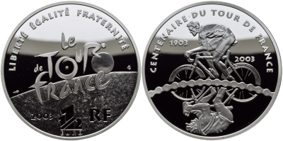 Франция 1 1/2 евро 2003 100 лет велогонкам Тур де Франс, велосипедист и его отражение KM 1321 серебро PROOF 1095-3-43