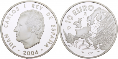 Испания 10 евро 2004 M, расширение Евросоюза, карта Европы KM 1099 серебро PROOF 01-161-31