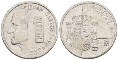 Испания 1 песета 2001 Хуан Карлос I KM 832 алюминий 4567-739