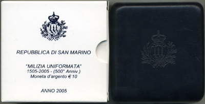 Сан-Марино 10 евро 2005 милиция, карабинеры, в оригинальной коробке, с сертификатом KM 344 серебро PROOF 7-1-59