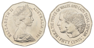 Австралия 50 центов 1981 Свадьба Принца Чарльза и Леди Дианы KM 72 медно-никель UNC 4672-241