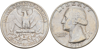 США 25 ЦЕНТОВ = КВОТЕР 1981 P, ВАШИНГТОН KM 164a медь плакированная медно-никелем 190-334