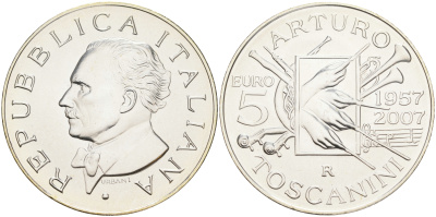 Италия 5 евро 2007 дирижер Артуро Тосканини, в оригинальной коробке, с сертификатом KM 324 серебро UNC 1-4-4-08