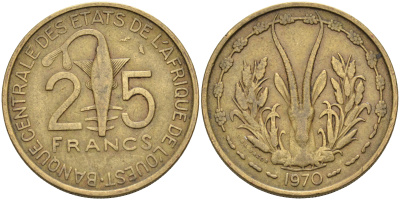 Валютное сообщество стран Западной Африки 25 франков 1970  KM 5 алюминиевая бронза    4595-722