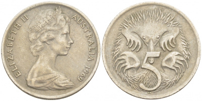 АВСТРАЛИЯ 5 ЦЕНТОВ 1969 ЕЛИЗАВЕТА II, МОЛОДОЙ ПОРТРЕТ, ЕХИДНА KM 64 медно-никель 3851-1123