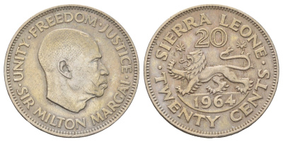 Сьерра-Леоне 20 центов 1964 Милтон Маргаи, год-тип KM 20 медно-никель 65-213
