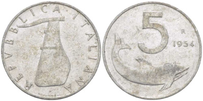 ИТАЛИЯ 5 ЛИР 1954 R, РУЛЬ, ДЕЛЬФИН KM 92 алюминий 65-716
